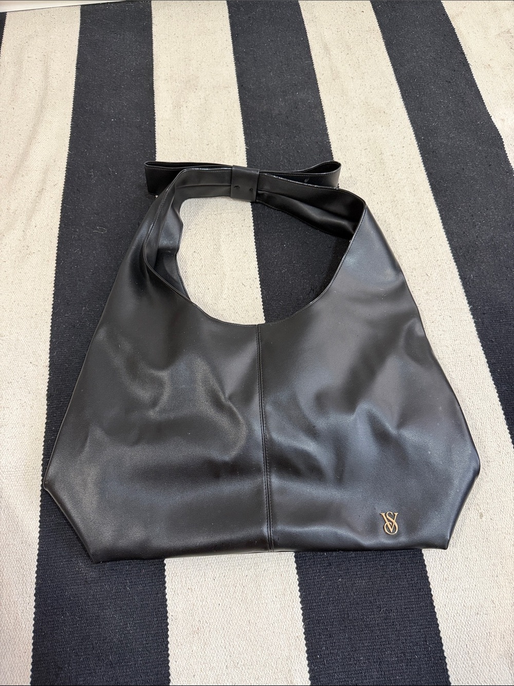 Black VS Leather Shoulder Bag with Gold Logo